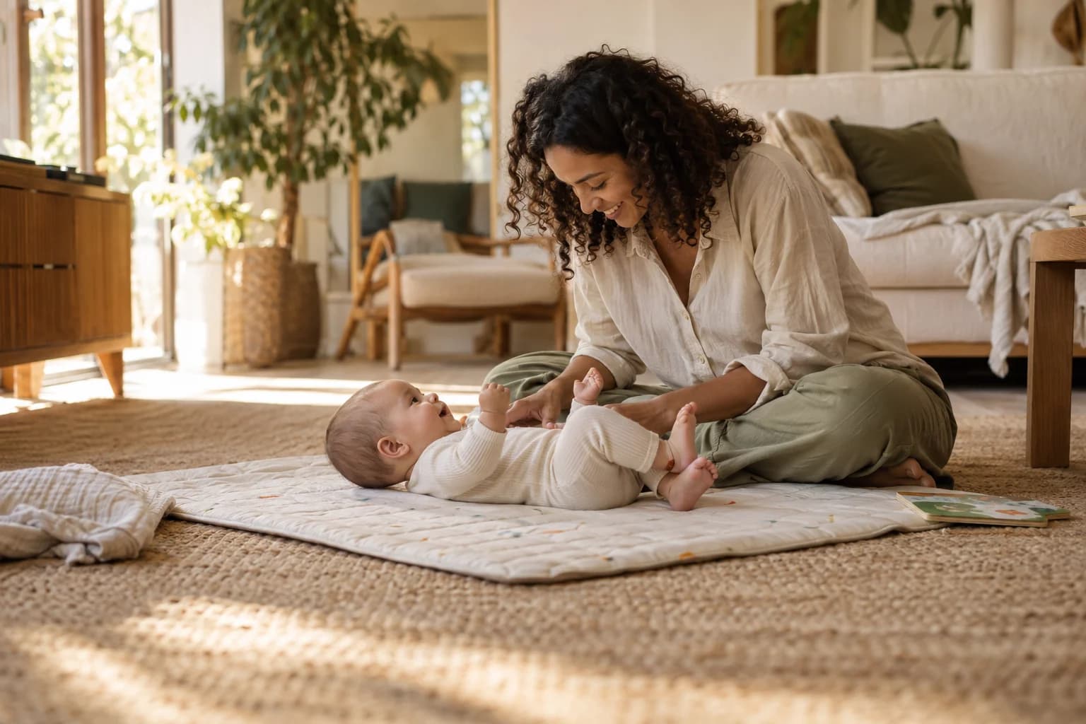 Illustrative family scene: a parent and an awake baby sharing a smile during floor play.